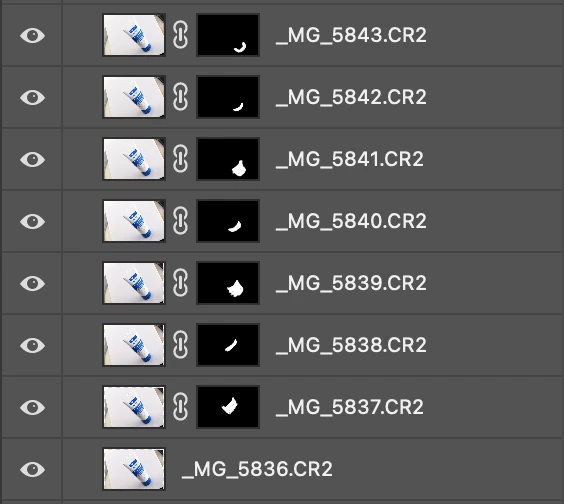 Screenshot of layers panel showing eight CR2 raw image files with visibility toggles and blend mode controls.