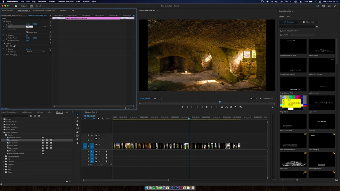 A small increase in size for each photo gives the slide show a cinematic look. Keep the amount at roughly 10% to keep it subtle.