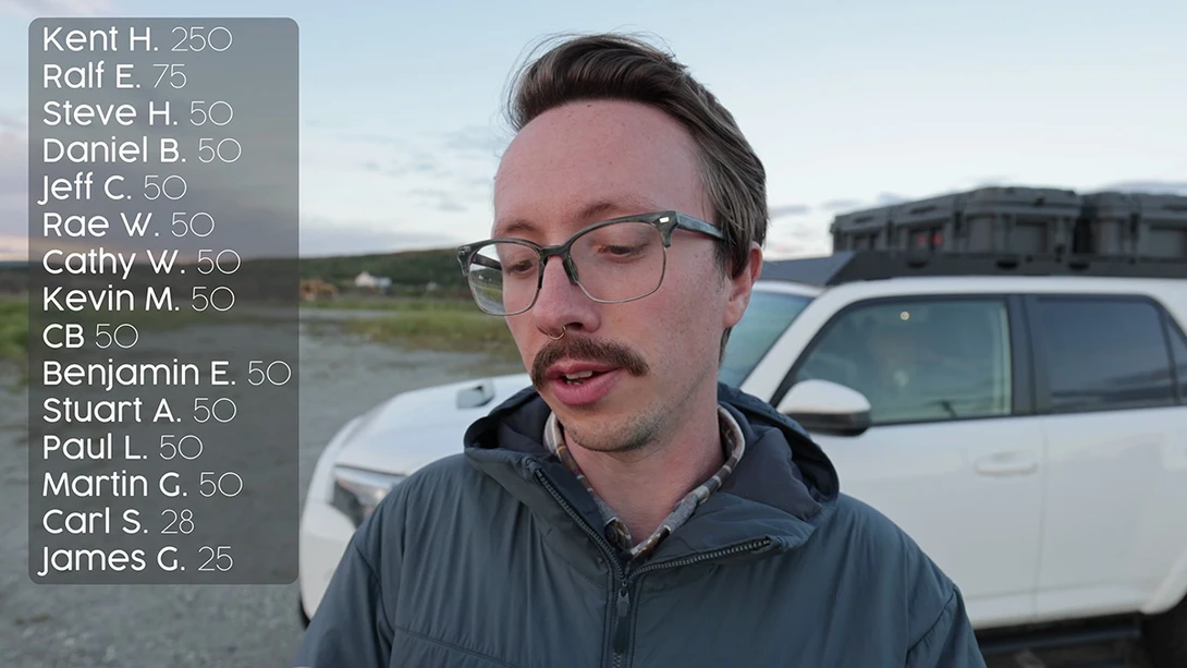 Man wearing glasses and dark jacket standing outdoors near water with white SUV and overlay of names with numbers.