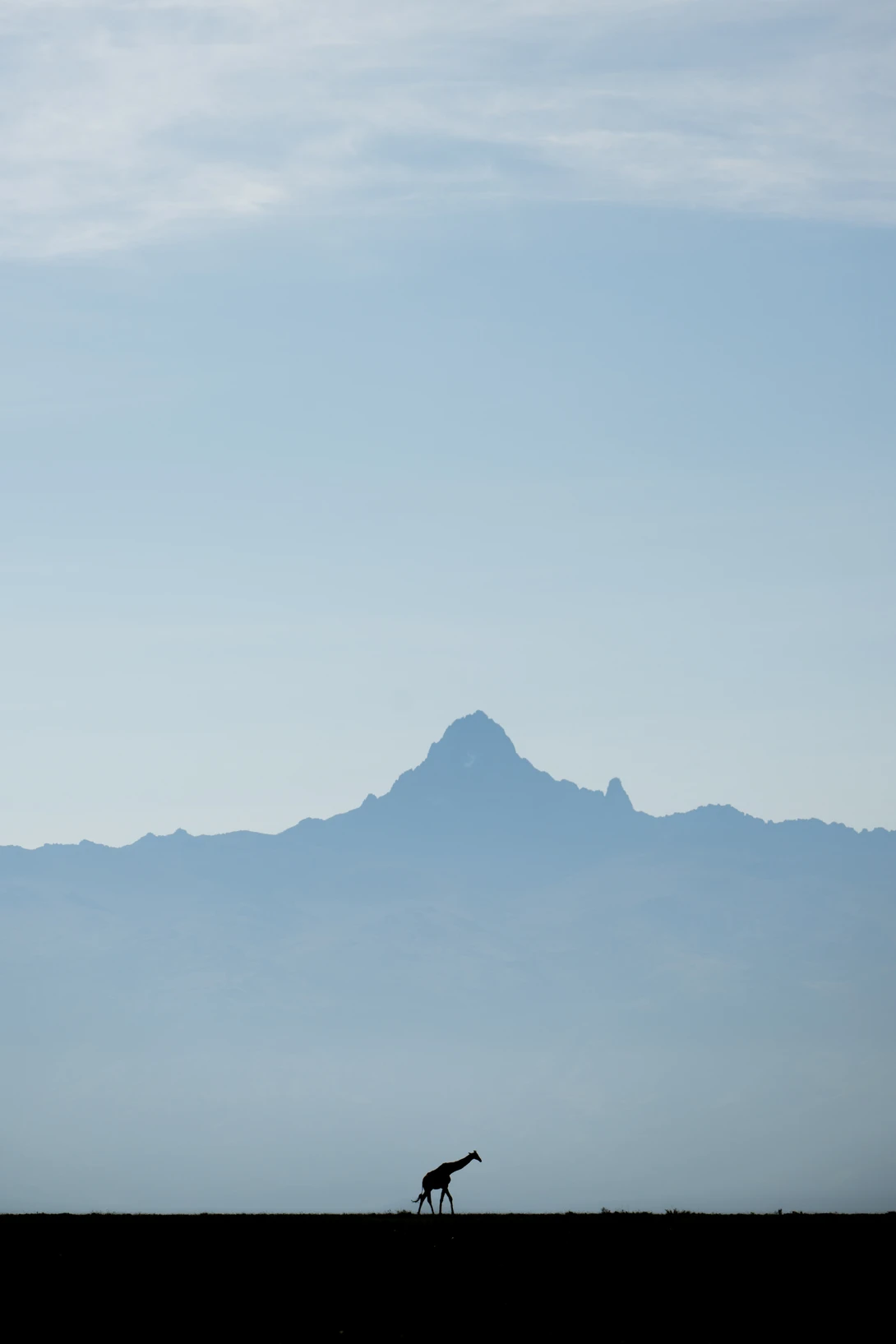Silhouette of a person in a crouched position against a distant snow-capped mountain peak.