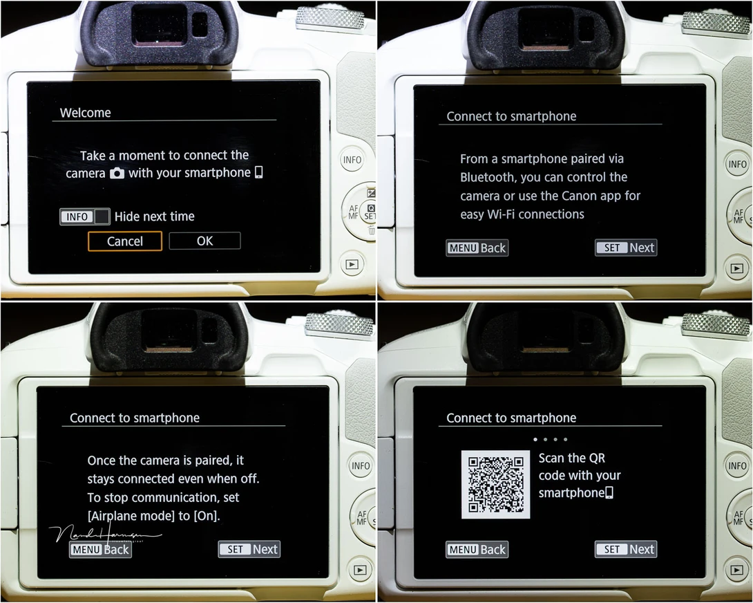 The screens you get when using the camera the first time. Communicating with a smartphone is an important aspect of the Canon EOS R50, or so it seems.