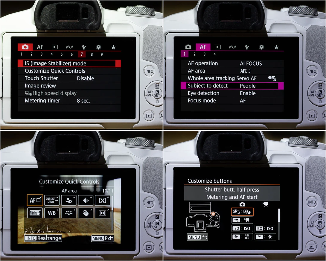 A few menu pages on the Canon EOS R50, as well as a few of the customization options.