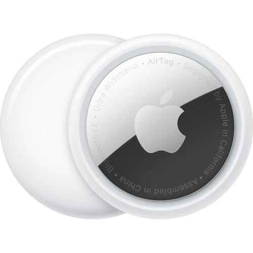 Product photograph of Apple AirTag tracker showing white plastic case with translucent front panel and Apple logo.