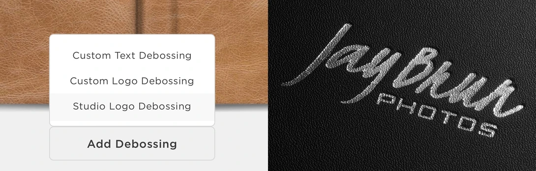 Screenshot showing debossing options including custom text, custom logo, and studio logo debossing.