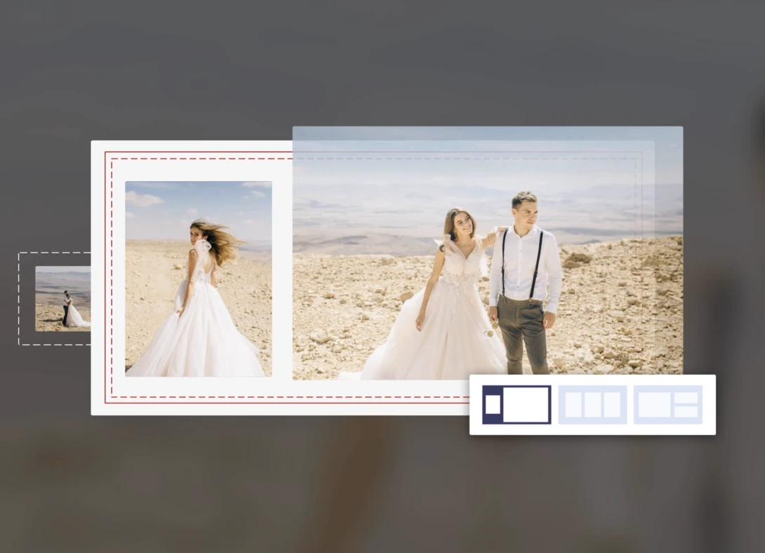 Wedding photo layout mockup showing bride and groom portraits in a multi-image template design.