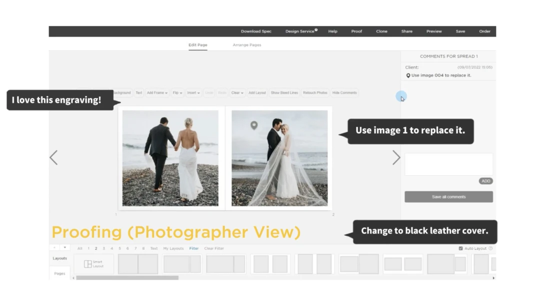 Screenshot of wedding photo proofing interface showing two beach portraits with editing callouts and instructions.