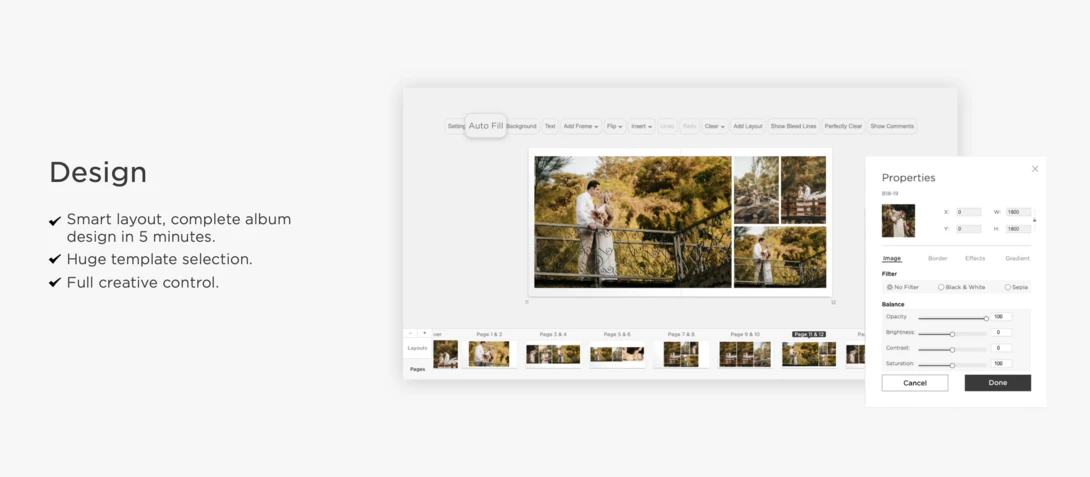 Screenshot of wedding album design software interface showing layout templates and photo editing properties panel.