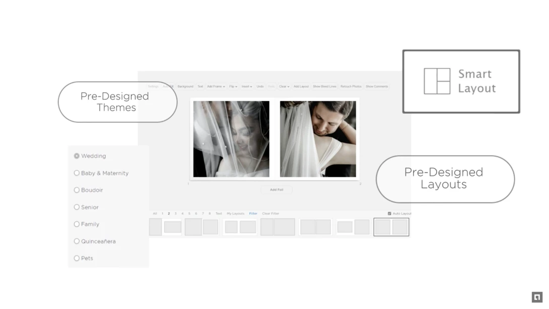Screenshot of a website builder interface showing pre-designed themes and layouts for photographers.