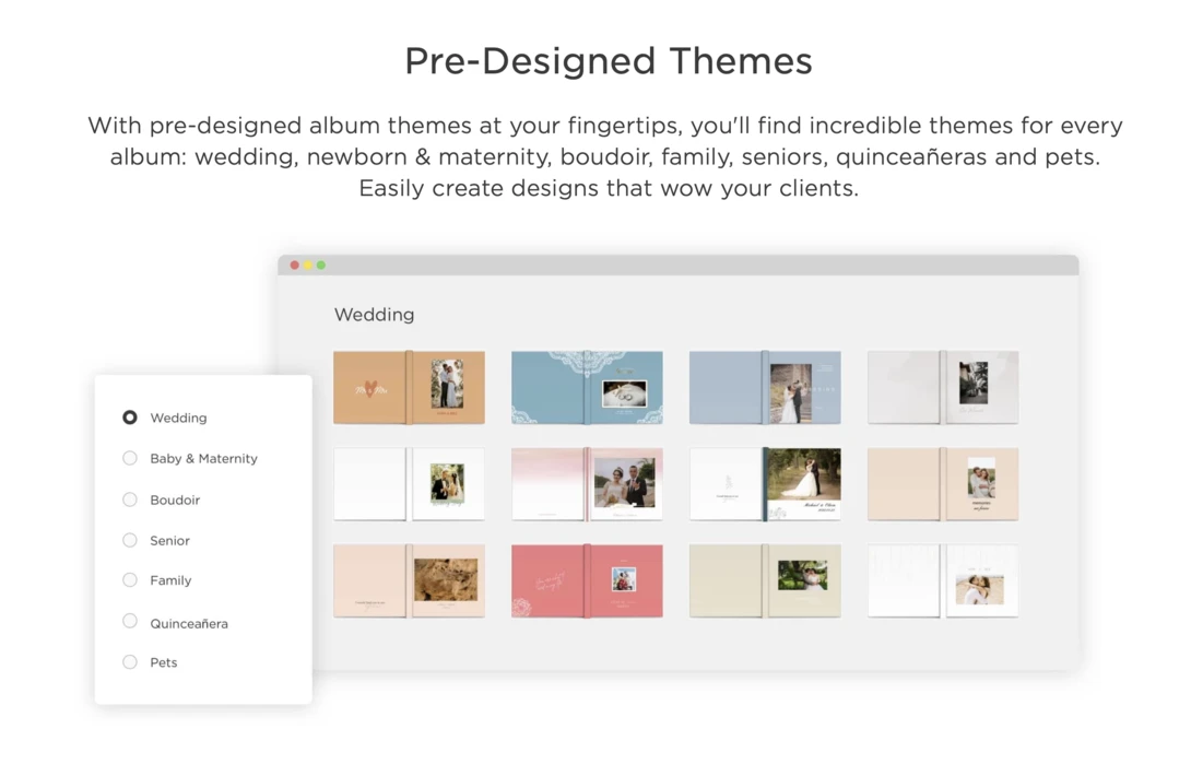 Screenshot of a pre-designed album themes interface showing wedding layout templates with sample photos arranged in various grid compositions.
