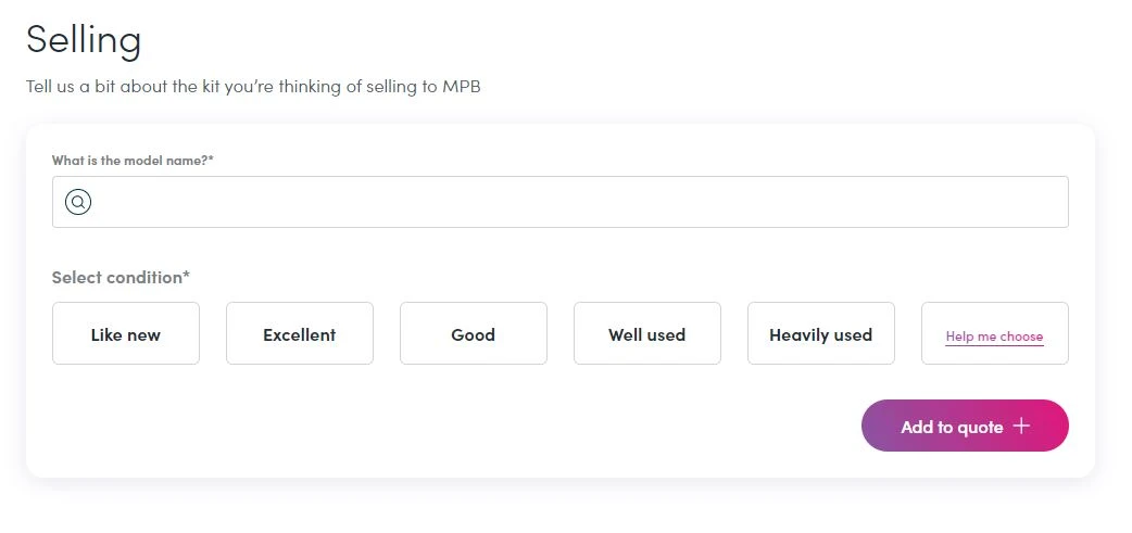 Screenshot of a selling form with model name input field and condition selection buttons.