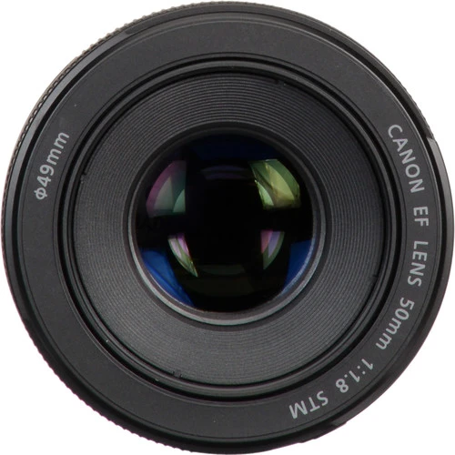 Canon EF 50mm f/1.8 STM lens viewed head-on against white background.
