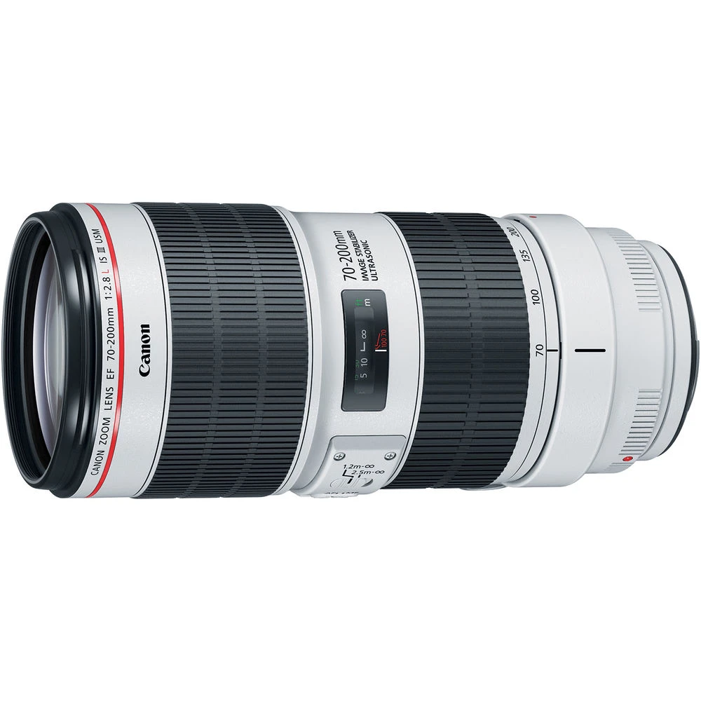 Canon EF 70-200mm f/4L IS USM telephoto zoom lens with white barrel and black rubber focus ring.
