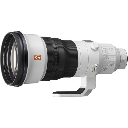 Sony G-series telephoto lens with white barrel and black focus ring against white background.