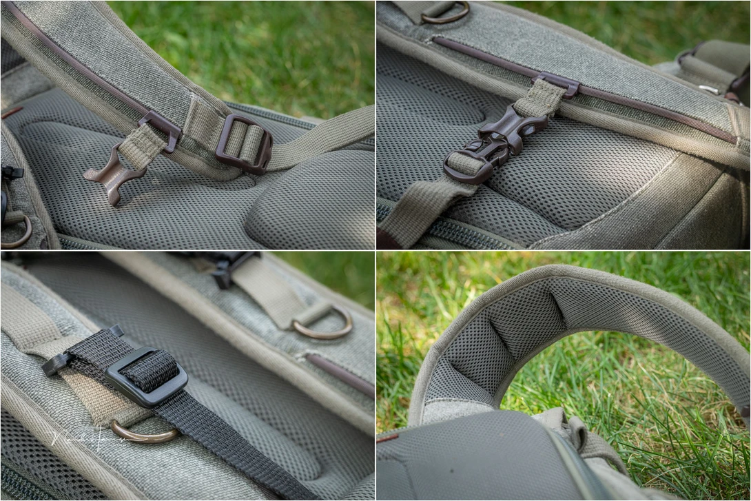 The sternum strap is adjustable. The shoulder straps are well padded. I also have Op/Tech straps attached to the webbing.