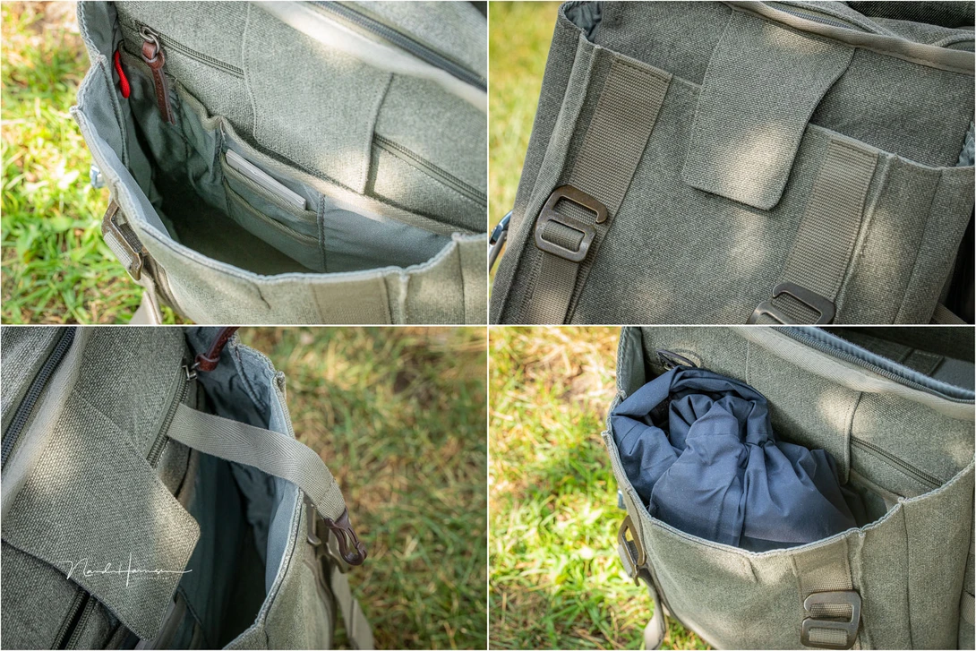 The front compartment is spaceous. I can also fit a vest or my rain coat inside.