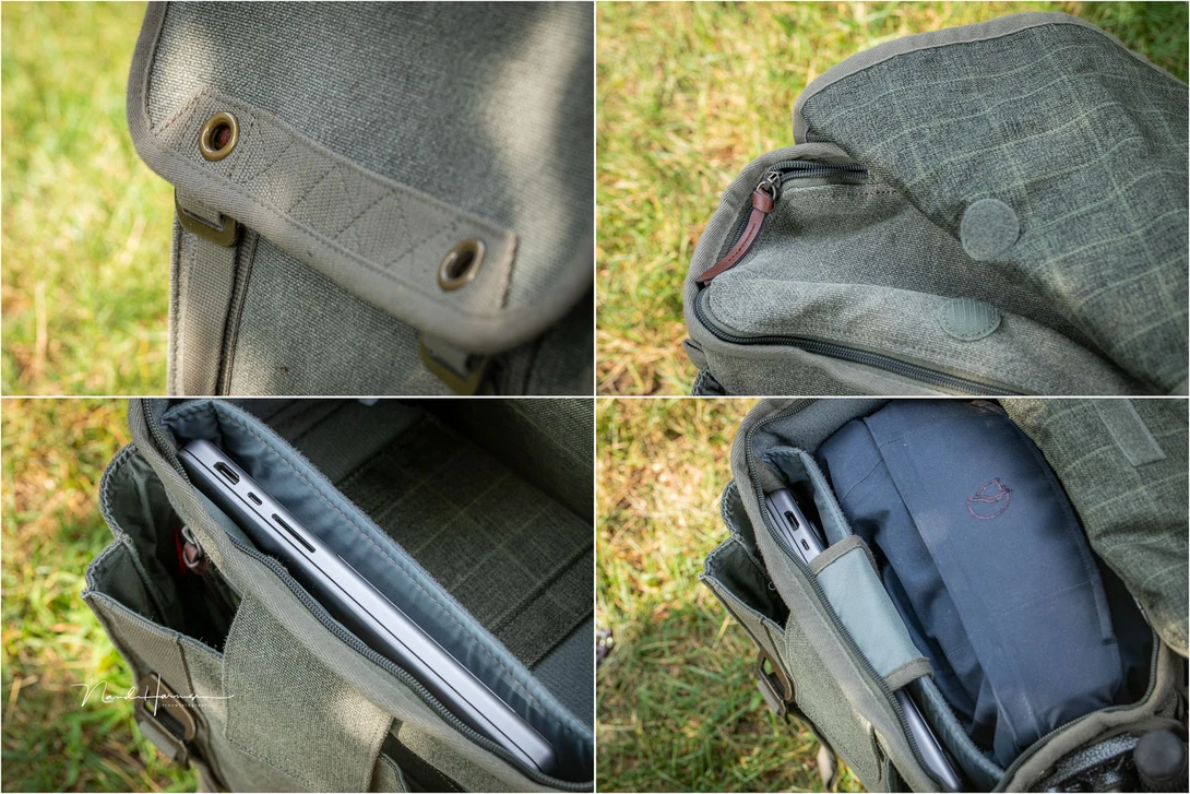 If the top side is opened, you get access to the laptop compartiment. I store a rain coat or my lunch in the top side of the main compartment.