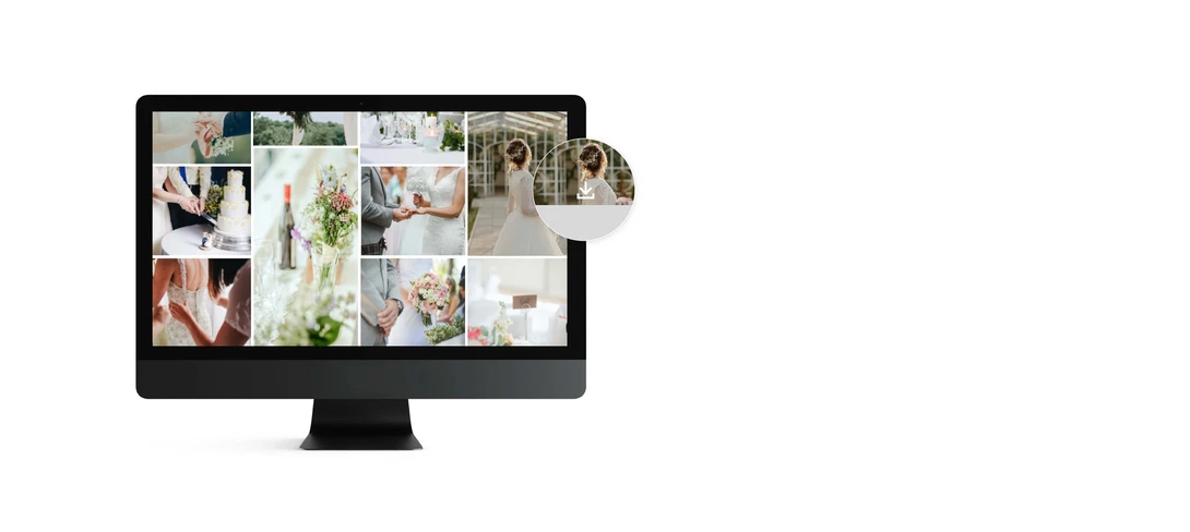 Desktop monitor displaying a wedding photography portfolio with multiple images arranged in a grid layout.