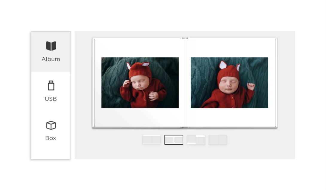 Screenshot of a photo album layout interface showing two images of an infant in red clothing.