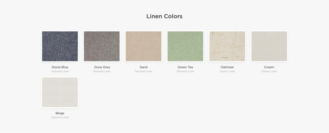 Color palette chart displaying seven linen fabric swatches labeled Stone Blue, Dove Grey, Sand, Green Tea, Oatmeal, Cream, and Beige.