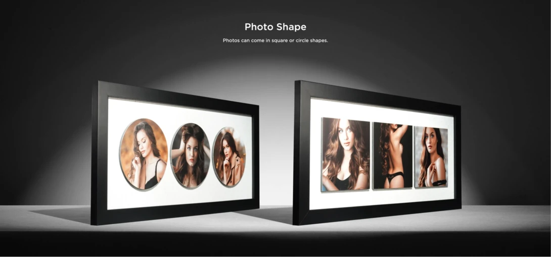 Two framed photo displays showing portrait compositions with circular and rectangular photo shapes against white matting.