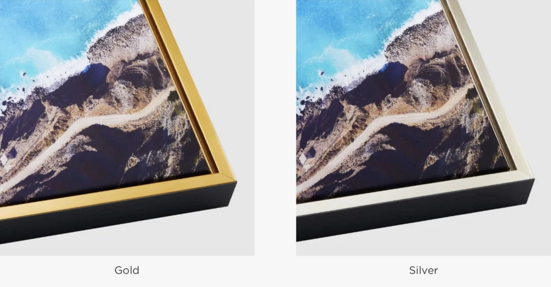 Comparison of gold and silver frame finishes on an aerial coastal landscape photograph.