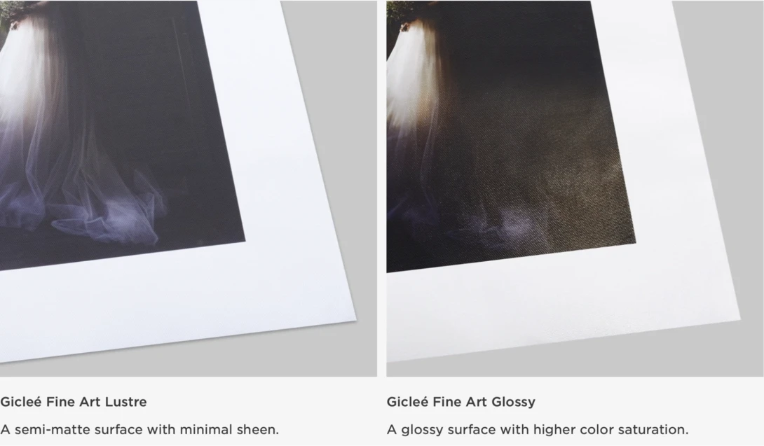 Side-by-side comparison of fine art print finishes showing the same portrait image on Giclee Lustre and Giclee Glossy surfaces.