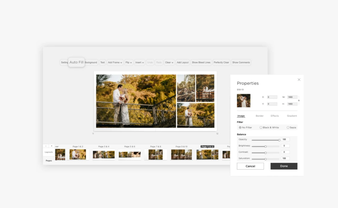Screenshot of photo editing software showing engagement session with couple in golden hour outdoor setting.