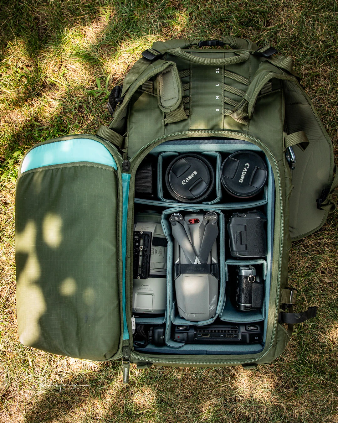 This is how I pack my large DSLR core unit. It may vary from time, but not much.