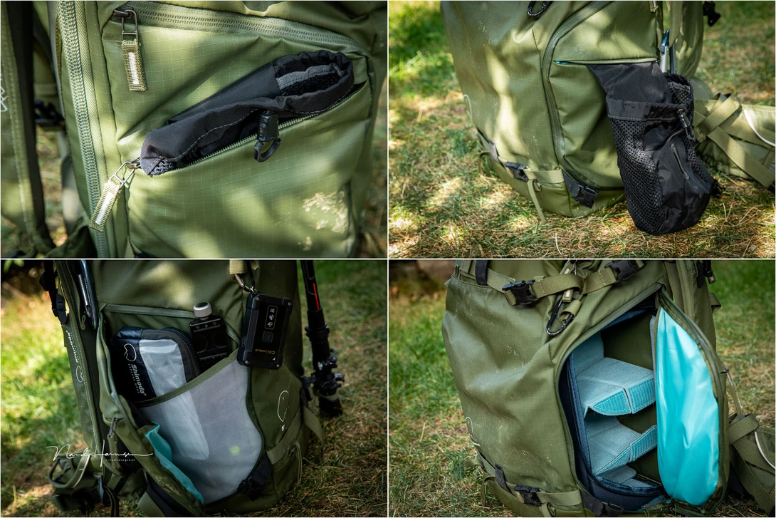 The mesh pockets for the tripod legs can be tucked away when not needed. One side of the backpack offers access to a part of the core unit. The other side has some storage capacity.