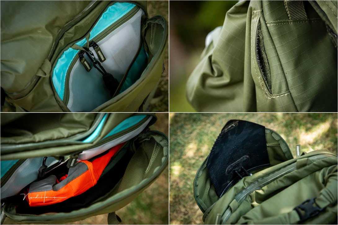 The front compartment is deep. It has a sleeve for a water bladder with an opening for the hose. The pockets inside the compartment are somewhat small