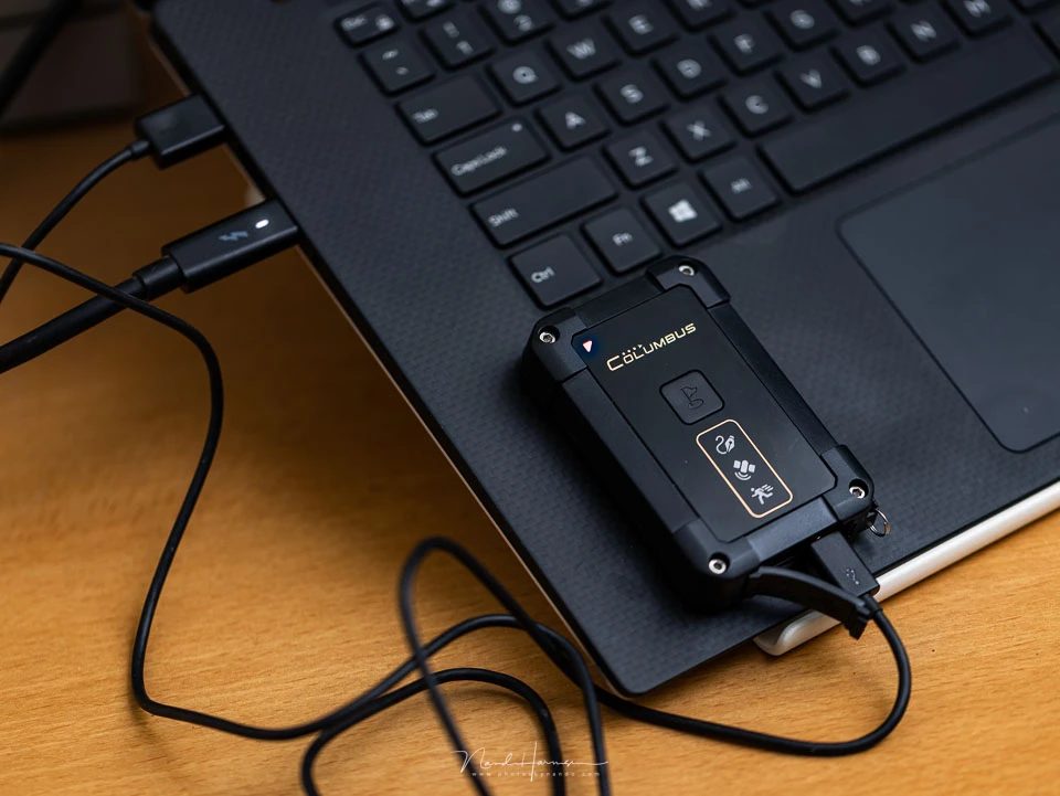 The Columbus GPS logger connected to a computer. It offers a lot of extra functionality.&nbsp;