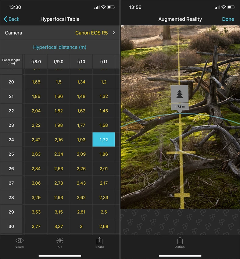 The augmented reality for finding the hyperfocal distance in Photopills.