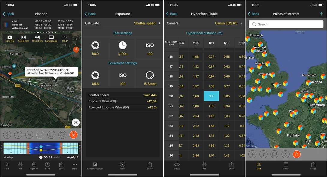 Four screenshots from the pills in Photopills. The one at the right shows the points of interest that are provided with the app.