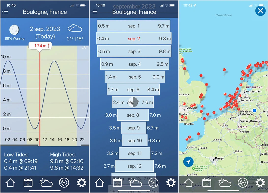 Three screenshots of the app Tides. It also offers a weather prediction, and it shows the Moon fase as well since it's related to the tides.
