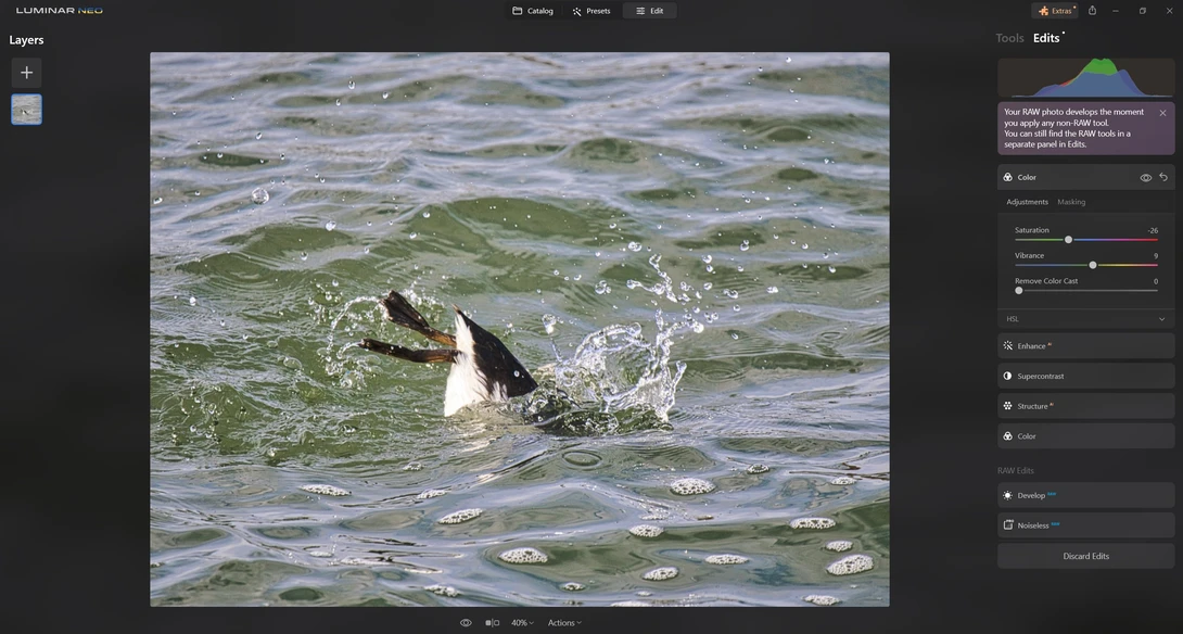 Penguin diving into ocean waves with water splashing around its body.