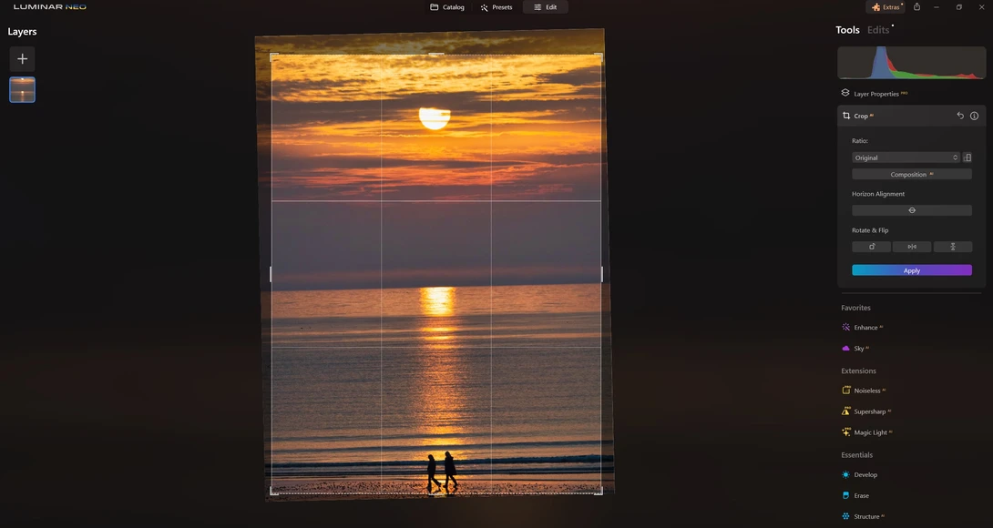 Screenshot of Luminar editing interface showing a sunset photo with grid overlay and adjustment tools visible.