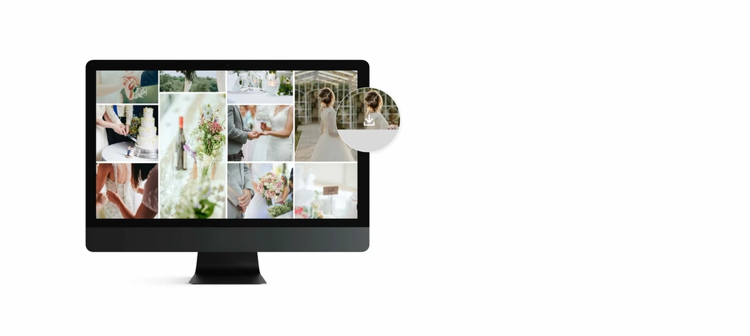 Desktop monitor displaying a grid of wedding photography samples with circular detail view overlay.