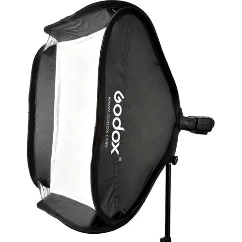 Godox softbox with reflective interior and carrying handle mounted on light stand.