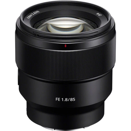 Sony FE 1.8/85mm prime lens with black barrel and textured focus ring.