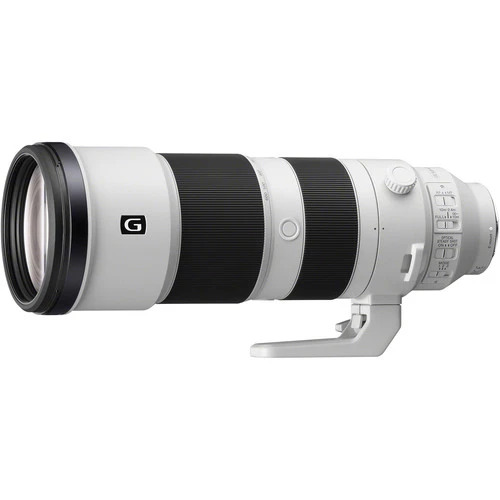 White and black telephoto lens with G marking on the front element, shown against a white background.