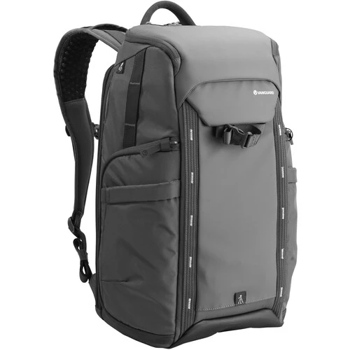 Gray and black camera backpack with multiple compartments and padded straps displayed against white background.