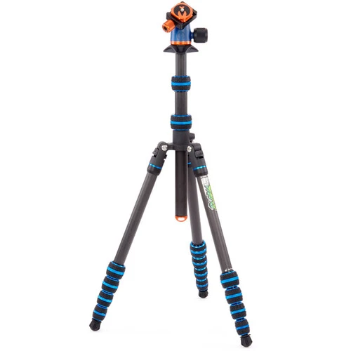 Carbon fiber tripod with blue leg wraps and an orange ball head mount against a white background.