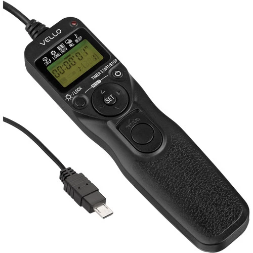 Black wireless timer remote with LCD display, control buttons, and attached cord with connector.
