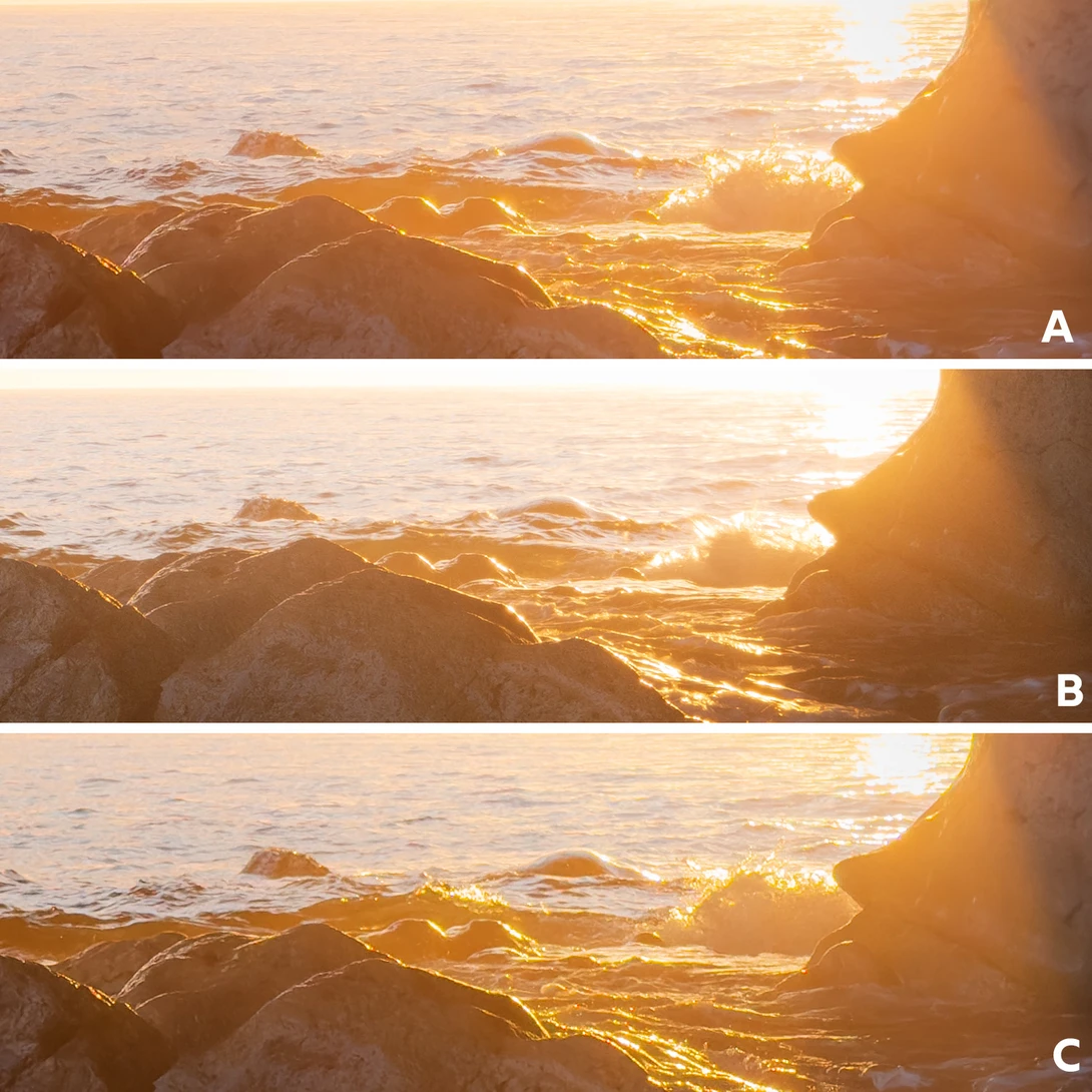 Three similar golden hour coastal photographs arranged vertically, showing subtle exposure or processing variations.