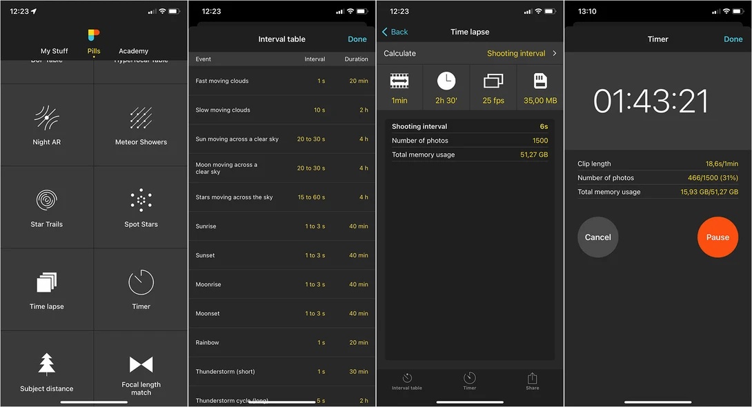 Photopills offers a lot of help for finding the best settings. It also offers a timer that shows the progress of the timelapse.