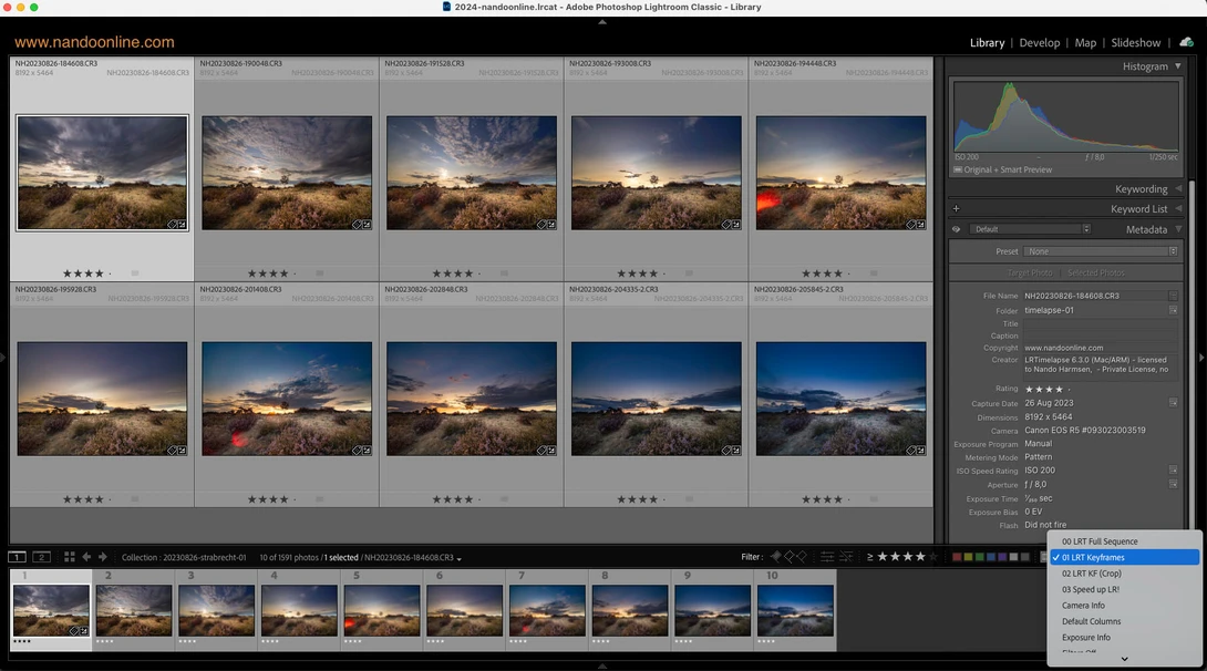 Choose a couple of key frames in LRTimelapse and edit those in Lightroom Classic. Next, LRTimelapse can equalize the exposures over the whole sequence.