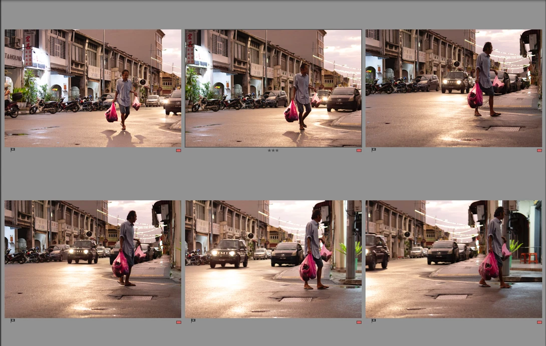 Contact sheet of six sequential photographs showing a person in magenta clothing walking and posing on an urban street.