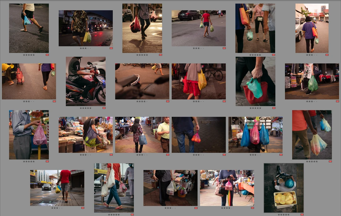 Grid layout of 20 color photographs depicting street scenes and daily life activities in an urban setting.