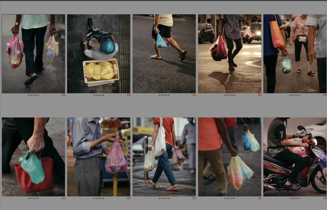 Composite grid of ten street photography images showing people carrying plastic bags in urban settings.