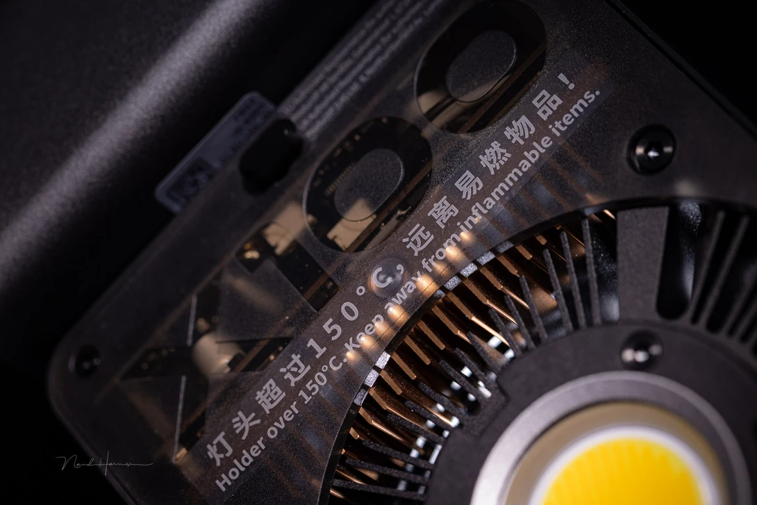 It's printed on the front of the Molus X100. The COB LED can reach temperatures over 150 degrees centigrade. Not the case itself, although that also becomes very warm.